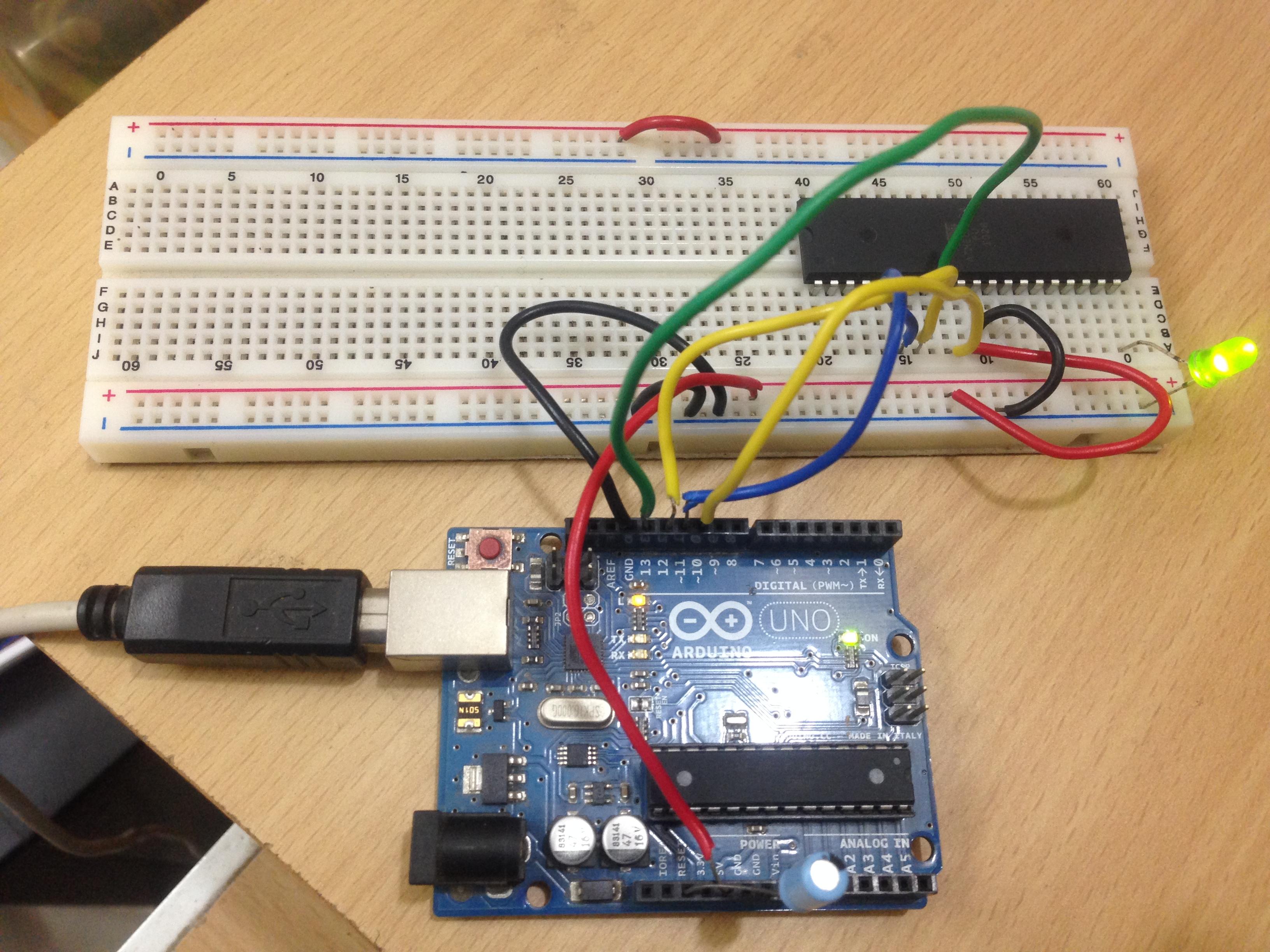 Arduino ATmega board close-up with wiring